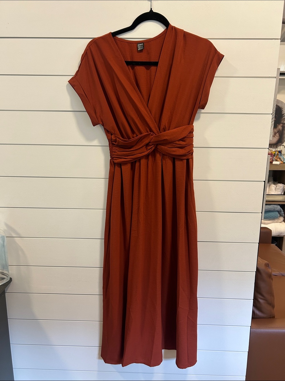 SHEIN Rust Twist-Front V-Neck Midi Dress